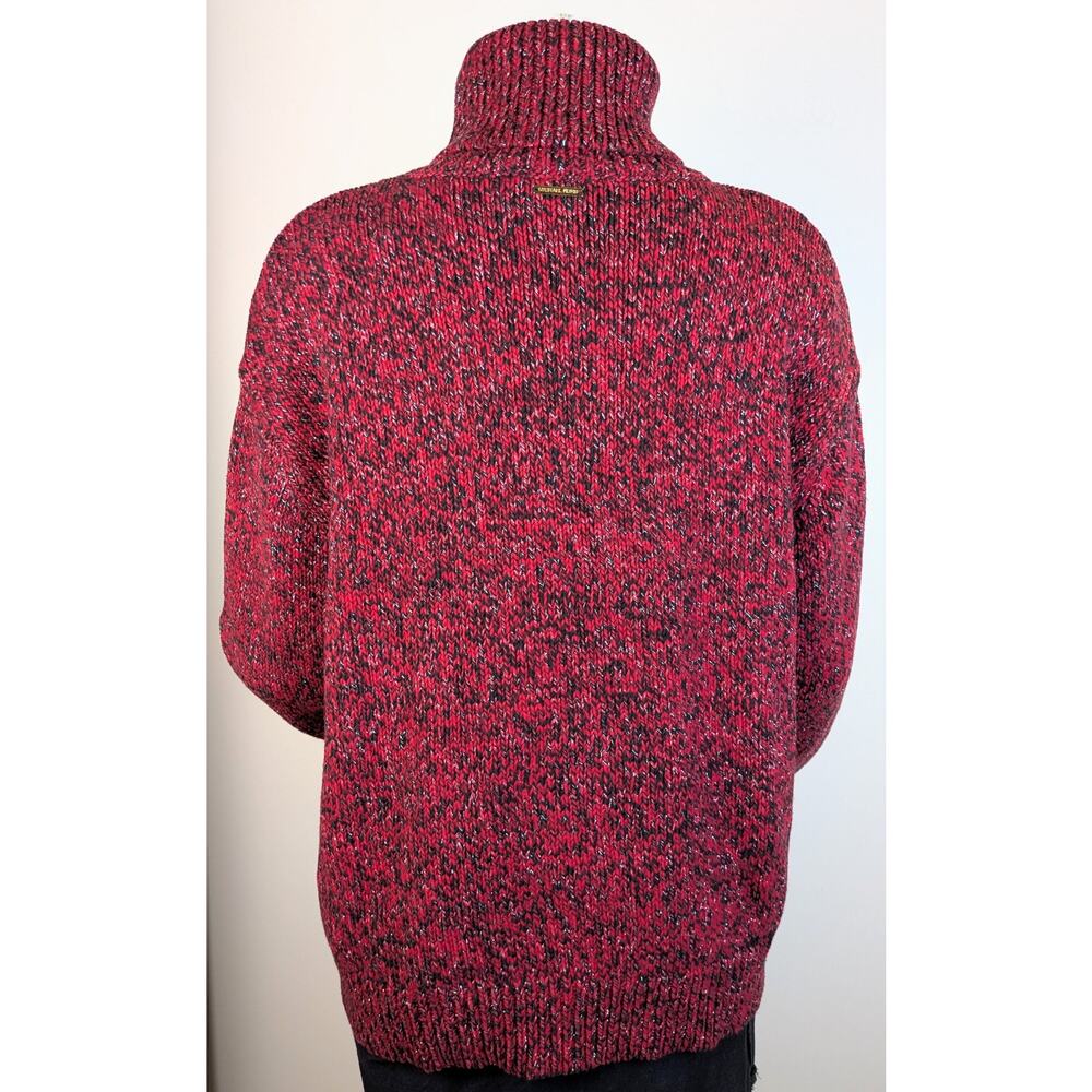 Michael Kors Turtleneck Sweater Small Marled Red Black Silver Metallic Holiday - Picture 4 of 8